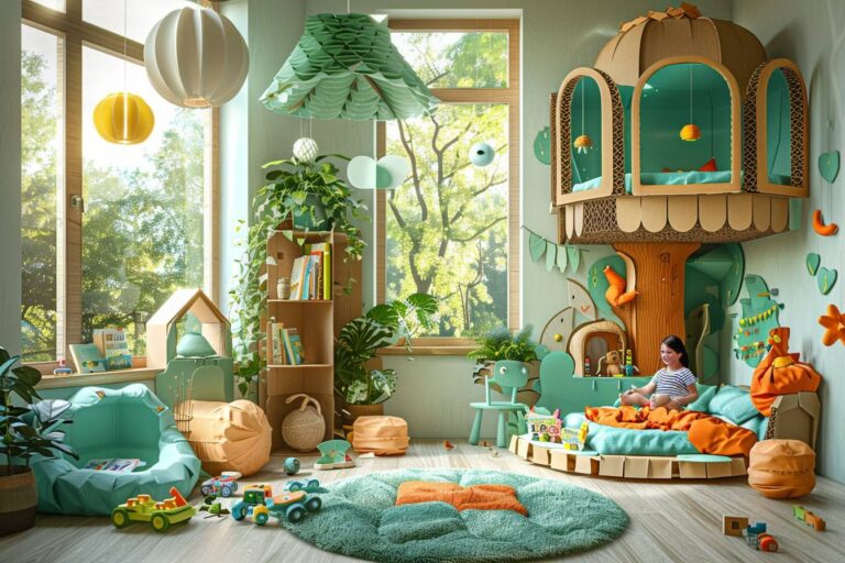 Chambre d'enfant éco-responsable décorée avec matériaux recyclés et astuces créatives