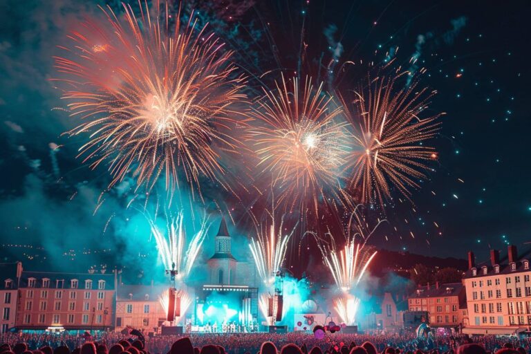 Public enthousiaste profitant d'un spectacle de feu d'artifice coloré lors d'un festival à Caen, célébrant les festivités de 2023